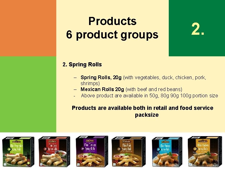 Products 6 product groups 2. Spring Rolls – Spring Rolls, 20 g (with vegetables,