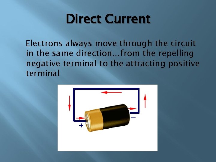 Direct Current Electrons always move through the circuit in the same direction…from the repelling