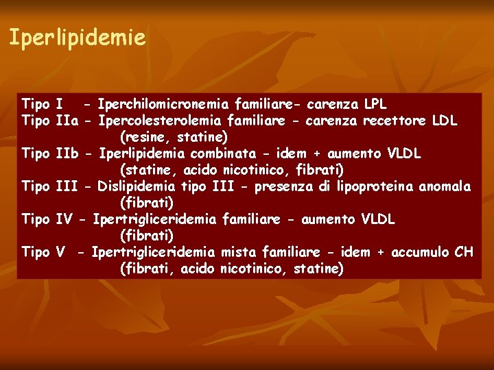 Iperlipidemie Tipo I - Iperchilomicronemia familiare- carenza LPL Tipo IIa - Ipercolesterolemia familiare -