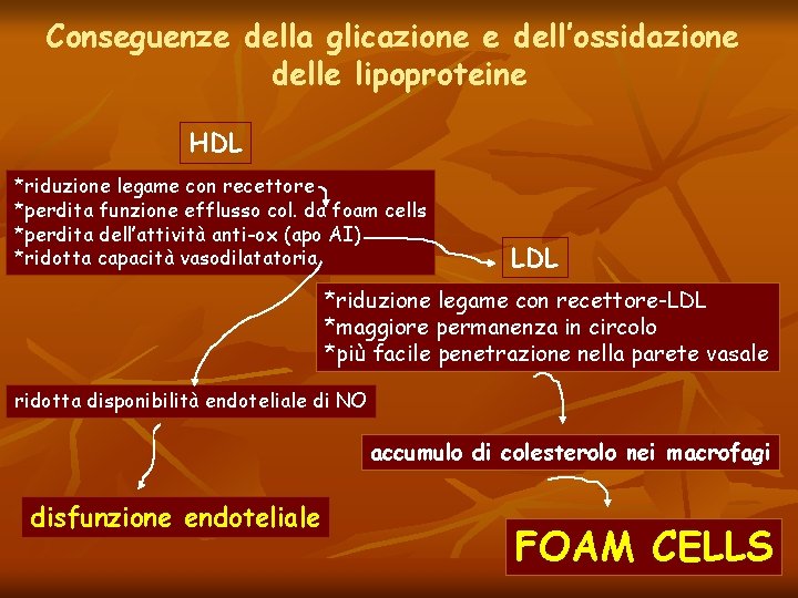 Conseguenze della glicazione e dell’ossidazione delle lipoproteine HDL *riduzione legame con recettore *perdita funzione