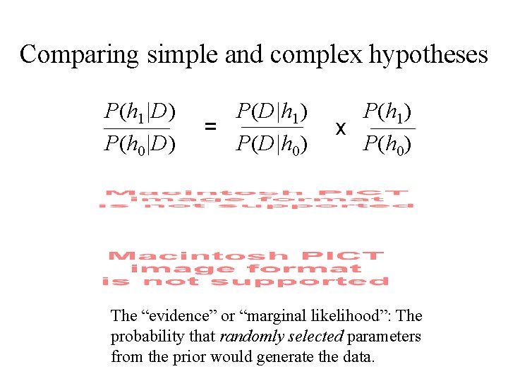 Comparing simple and complex hypotheses P(h 1|D) P(h 0|D) P(D|h 1) = P(D|h 0)