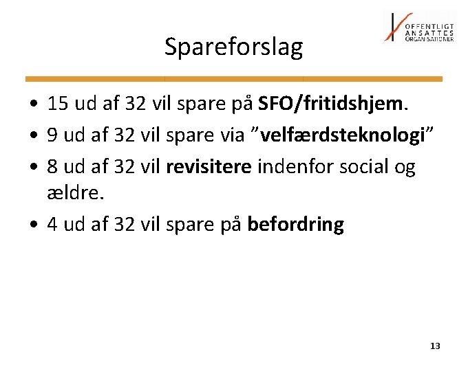 Spareforslag • 15 ud af 32 vil spare på SFO/fritidshjem. • 9 ud af