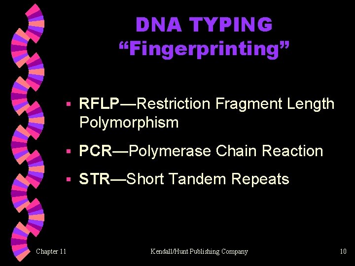 DNA TYPING “Fingerprinting” § RFLP—Restriction Fragment Length Polymorphism § PCR—Polymerase Chain Reaction § STR—Short