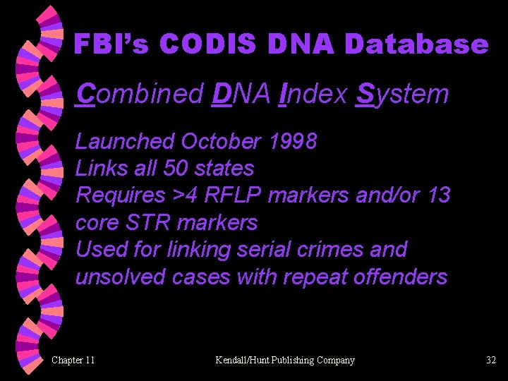 FBI’s CODIS DNA Database Combined DNA Index System Launched October 1998 Links all 50