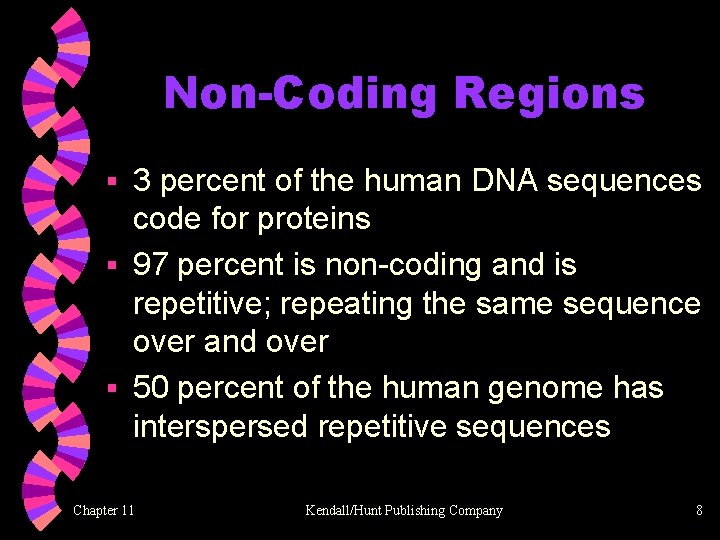 Non-Coding Regions 3 percent of the human DNA sequences code for proteins § 97