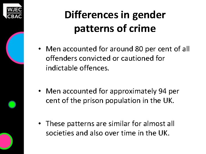 Differences in gender patterns of crime • Men accounted for around 80 per cent
