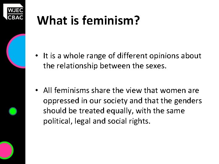 What is feminism? • It is a whole range of different opinions about the