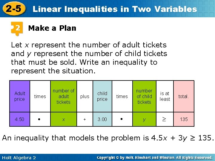 2 -5 2 Linear Inequalities in Two Variables Make a Plan Let x represent