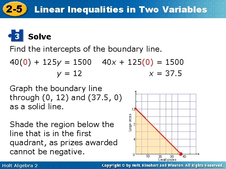 2 -5 3 Linear Inequalities in Two Variables Solve Find the intercepts of the