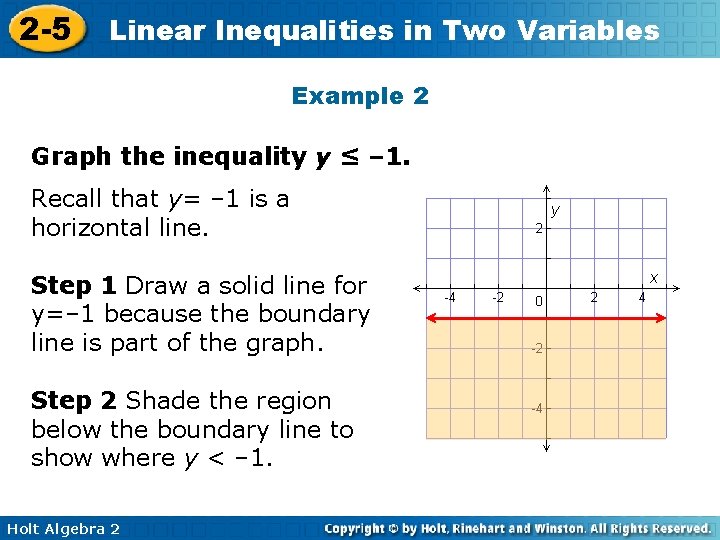 2 -5 Linear Inequalities in Two Variables Example 2 Graph the inequality y ≤ 2 -5 Linear Inequalities in Two Variables Example 2 Graph the inequality y ≤