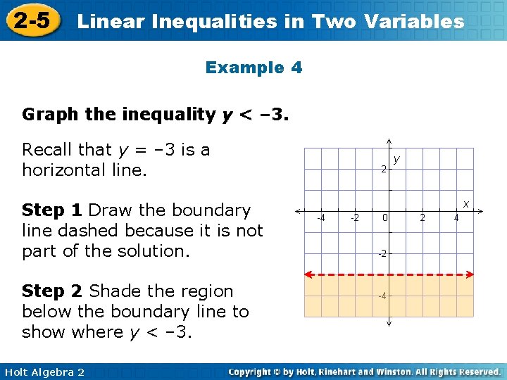 2 -5 Linear Inequalities in Two Variables Example 4 Graph the inequality y <