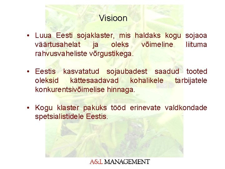 Visioon • Luua Eesti sojaklaster, mis haldaks kogu sojaoa väärtusahelat ja oleks võimeline liituma