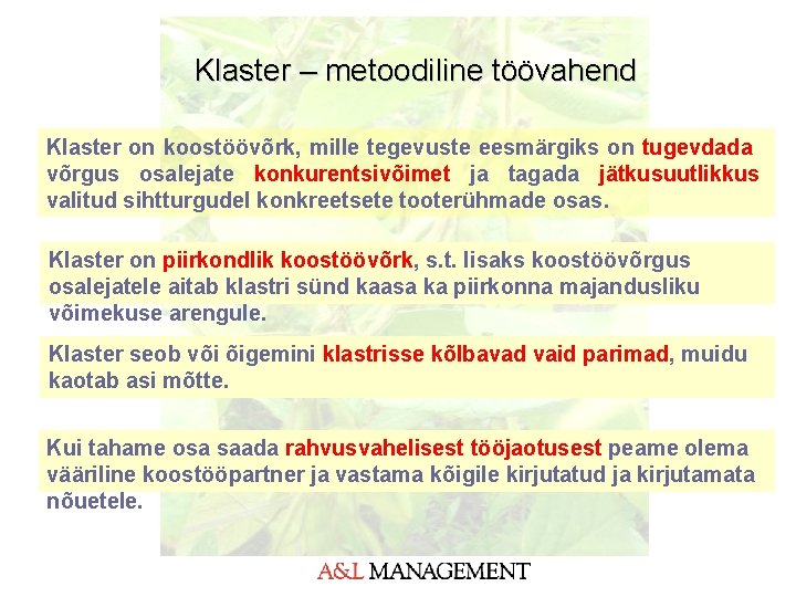 Klaster – metoodiline töövahend Klaster on koostöövõrk, mille tegevuste eesmärgiks on tugevdada võrgus osalejate