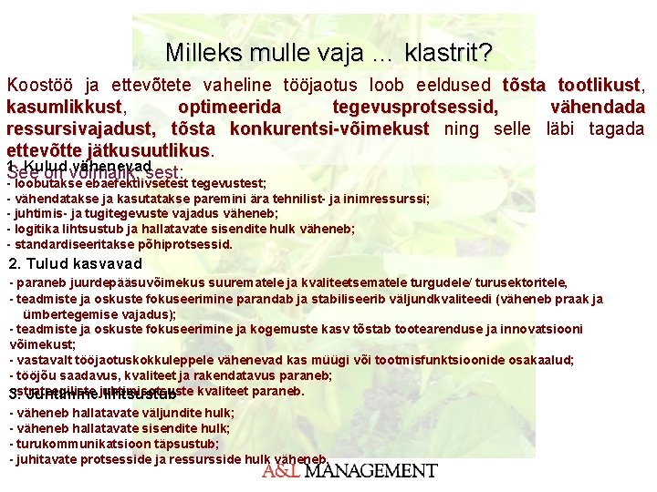 Milleks mulle vaja … klastrit? Koostöö ja ettevõtete vaheline tööjaotus loob eeldused tõsta tootlikust,