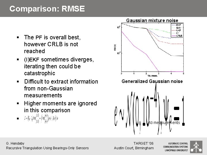 Comparison: RMSE Gaussian mixture noise § The PF is overall best, however CRLB is