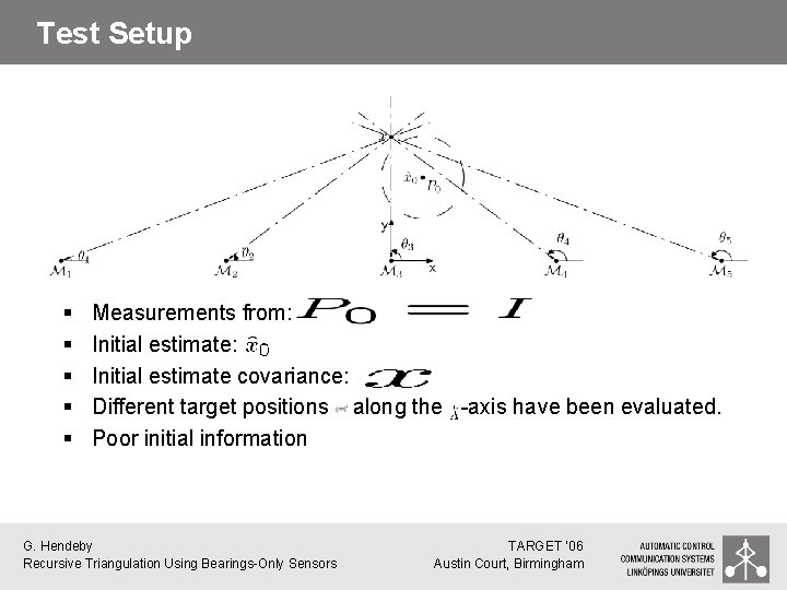 Test Setup § § § Measurements from: Initial estimate covariance: Different target positions along