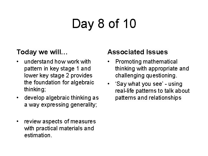 Day 8 of 10 Today we will… Associated Issues • understand how work with