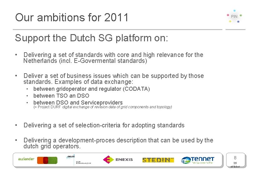 Our ambitions for 2011 PIN Support the Dutch SG platform on: • Delivering a