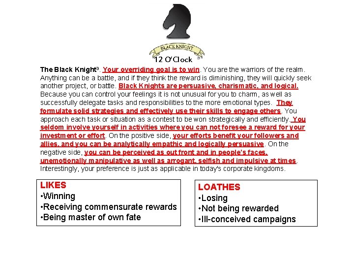 12 O’Clock The Black Knight 3. Your overriding goal is to win. You are