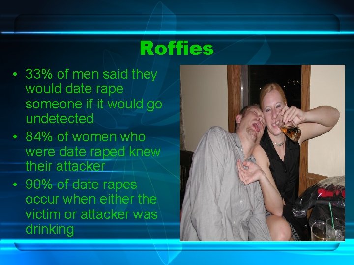 Roffies • 33% of men said they would date rape someone if it would