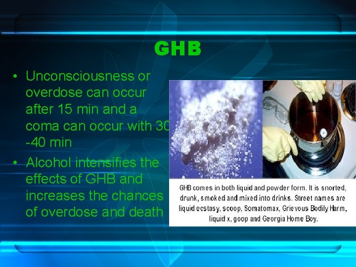 GHB • Unconsciousness or overdose can occur after 15 min and a coma can