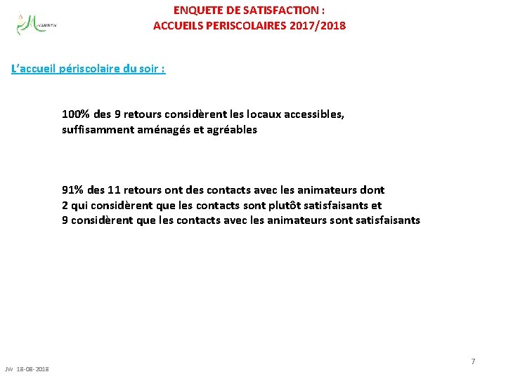 ENQUETE DE SATISFACTION : ACCUEILS PERISCOLAIRES 2017/2018 L’accueil périscolaire du soir : 100% des