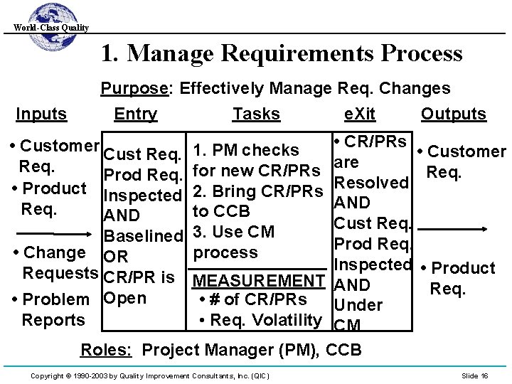 World-Class Quality 1. Manage Requirements Process Purpose: Effectively Manage Req. Changes Inputs Entry Tasks