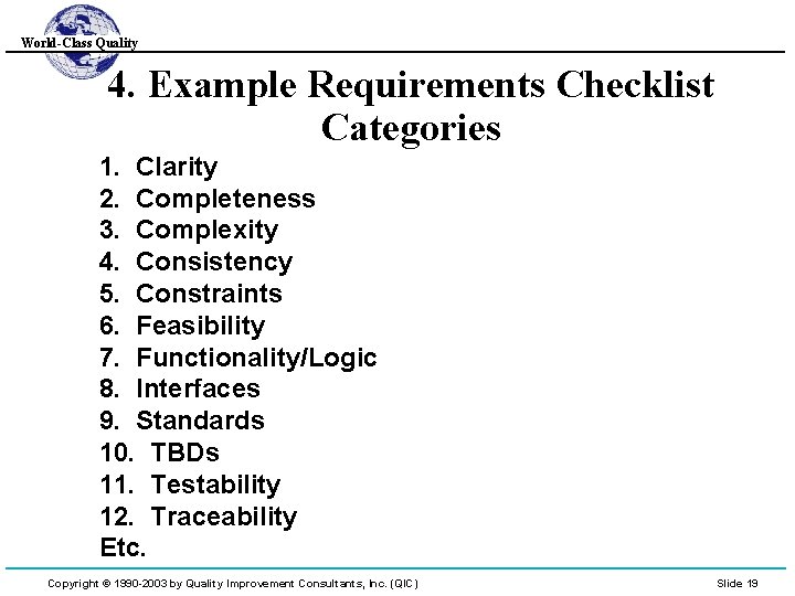 World-Class Quality 4. Example Requirements Checklist Categories 1. Clarity 2. Completeness 3. Complexity 4.