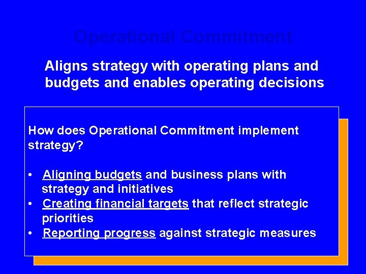 Operational Commitment Aligns strategy with operating plans and budgets and enables operating decisions How
