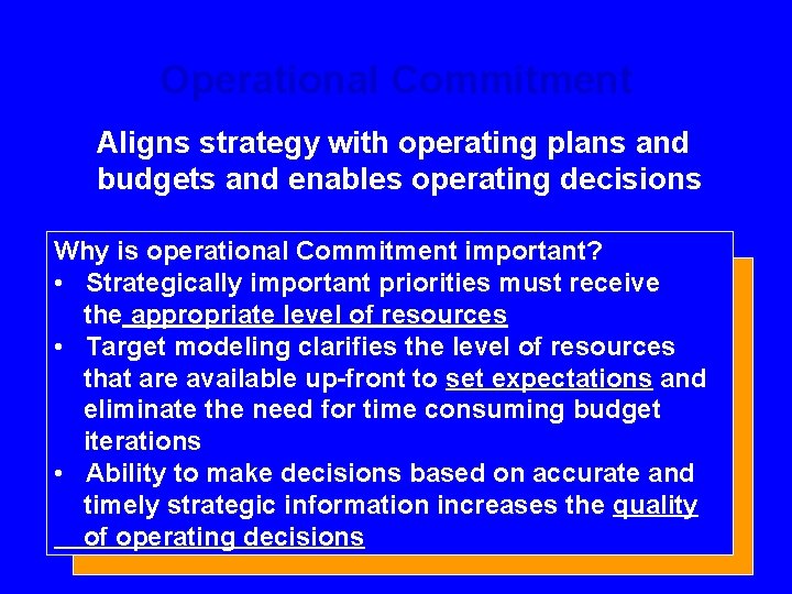 Operational Commitment Aligns strategy with operating plans and budgets and enables operating decisions Why
