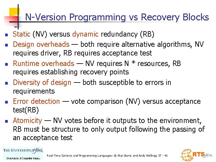 N-Version Programming vs Recovery Blocks n n n Static (NV) versus dynamic redundancy (RB) N-Version Programming vs Recovery Blocks n n n Static (NV) versus dynamic redundancy (RB)