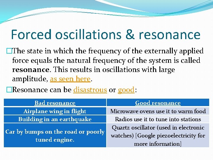 Forced oscillations & resonance �The state in which the frequency of the externally applied