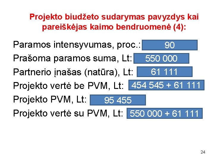 Projekto biudžeto sudarymas pavyzdys kai pareiškėjas kaimo bendruomenė (4): Paramos intensyvumas, proc. : 90