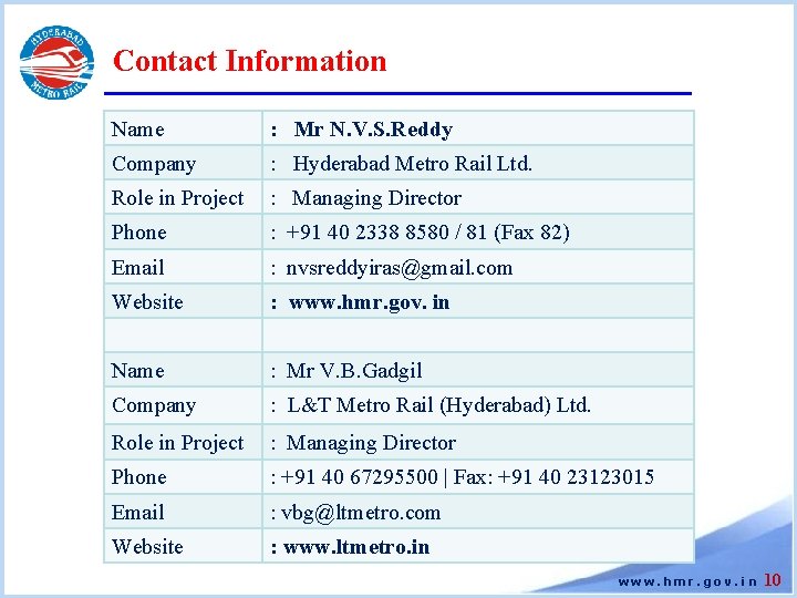 Contact Information Name : Mr N. V. S. Reddy Company : Hyderabad Metro Rail