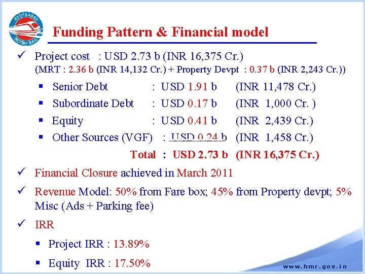 Funding Pattern & Financial model ü Project cost : USD 2. 73 b (INR