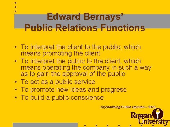 Edward Bernays’ Public Relations Functions • To interpret the client to the public, which