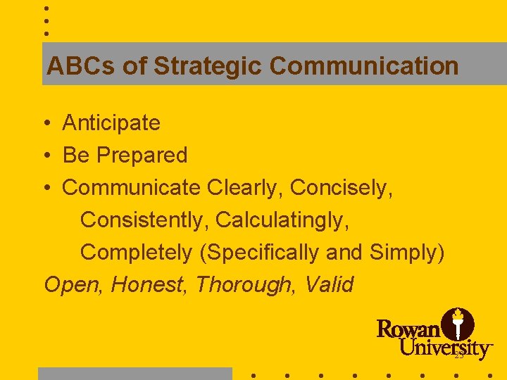 ABCs of Strategic Communication • Anticipate • Be Prepared • Communicate Clearly, Concisely, Consistently,