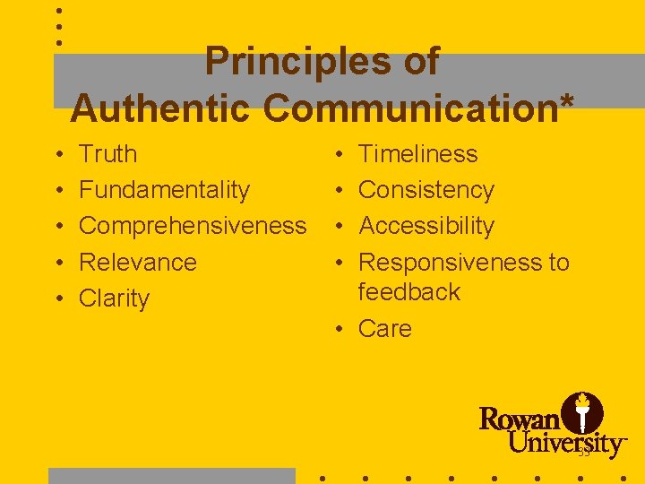 Principles of Authentic Communication* • • • Truth Fundamentality Comprehensiveness Relevance Clarity • •