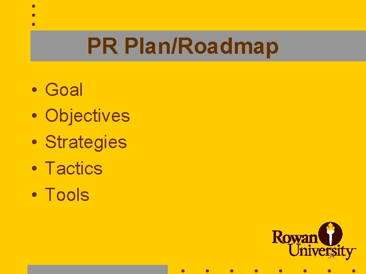 PR Plan/Roadmap • • • Goal Objectives Strategies Tactics Tools 34 