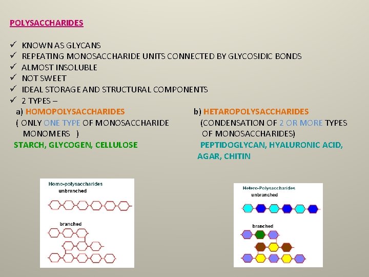 POLYSACCHARIDES ü KNOWN AS GLYCANS ü REPEATING MONOSACCHARIDE UNITS CONNECTED BY GLYCOSIDIC BONDS ü