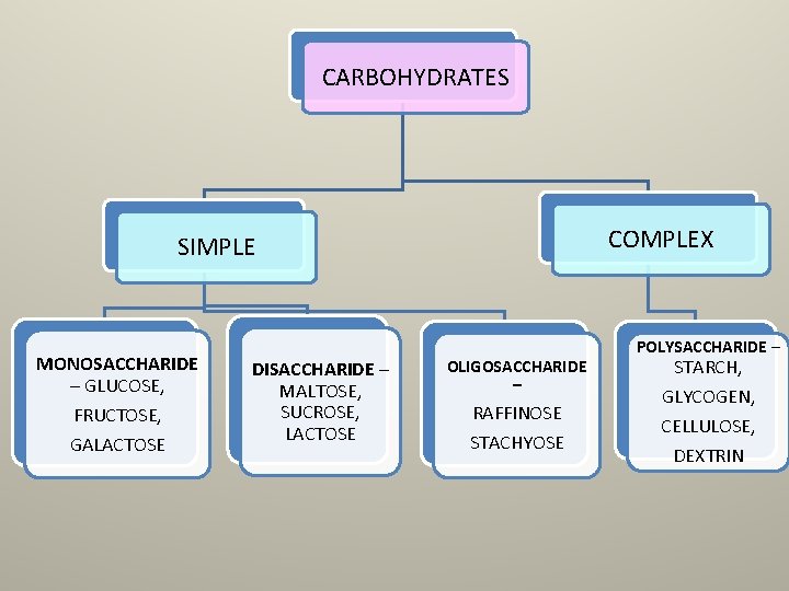 CARBOHYDRATES COMPLEX SIMPLE MONOSACCHARIDE – GLUCOSE, FRUCTOSE, GALACTOSE DISACCHARIDE – MALTOSE, SUCROSE, LACTOSE OLIGOSACCHARIDE