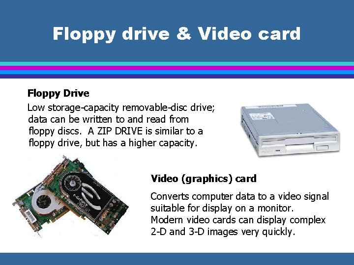 Floppy drive & Video card Floppy Drive Low storage-capacity removable-disc drive; data can be
