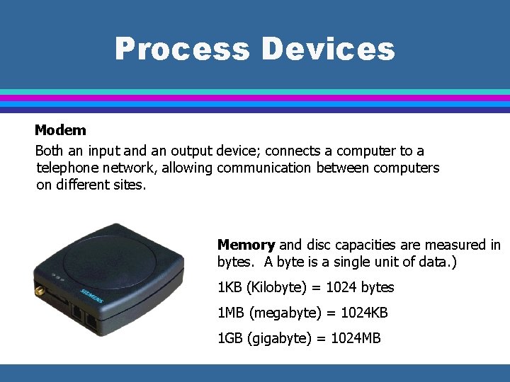 Process Devices Modem Both an input and an output device; connects a computer to