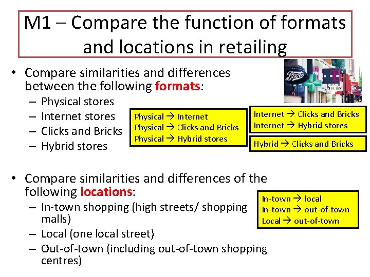 M 1 – Compare the function of formats and locations in retailing • Compare