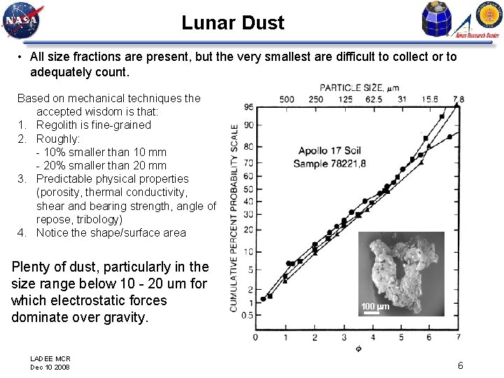 Lunar Dust • All size fractions are present, but the very smallest are difficult