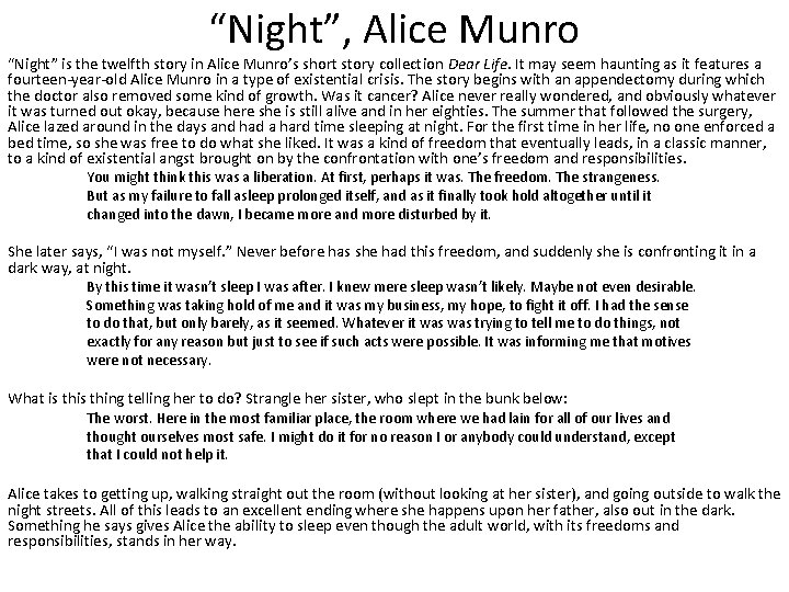 “Night”, Alice Munro “Night” is the twelfth story in Alice Munro’s short story collection