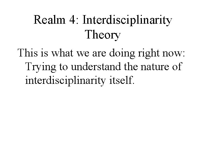 Realm 4: Interdisciplinarity Theory This is what we are doing right now: Trying to