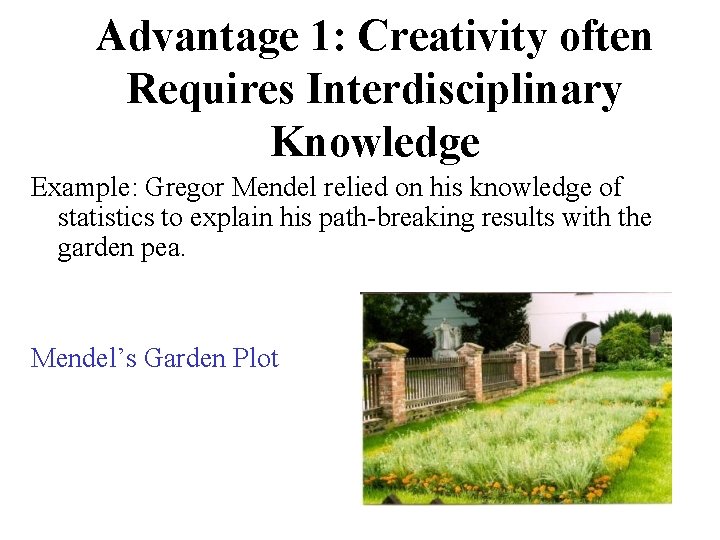 Advantage 1: Creativity often Requires Interdisciplinary Knowledge Example: Gregor Mendel relied on his knowledge