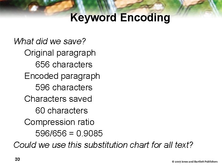 Keyword Encoding What did we save? Original paragraph 656 characters Encoded paragraph 596 characters
