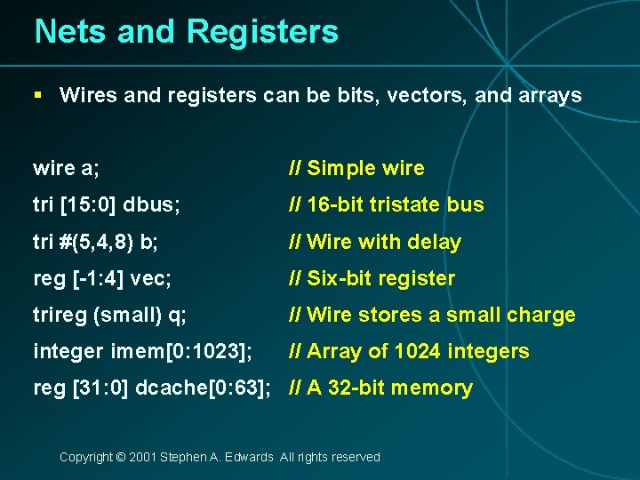 Nets and Registers § Wires and registers can be bits, vectors, and arrays wire